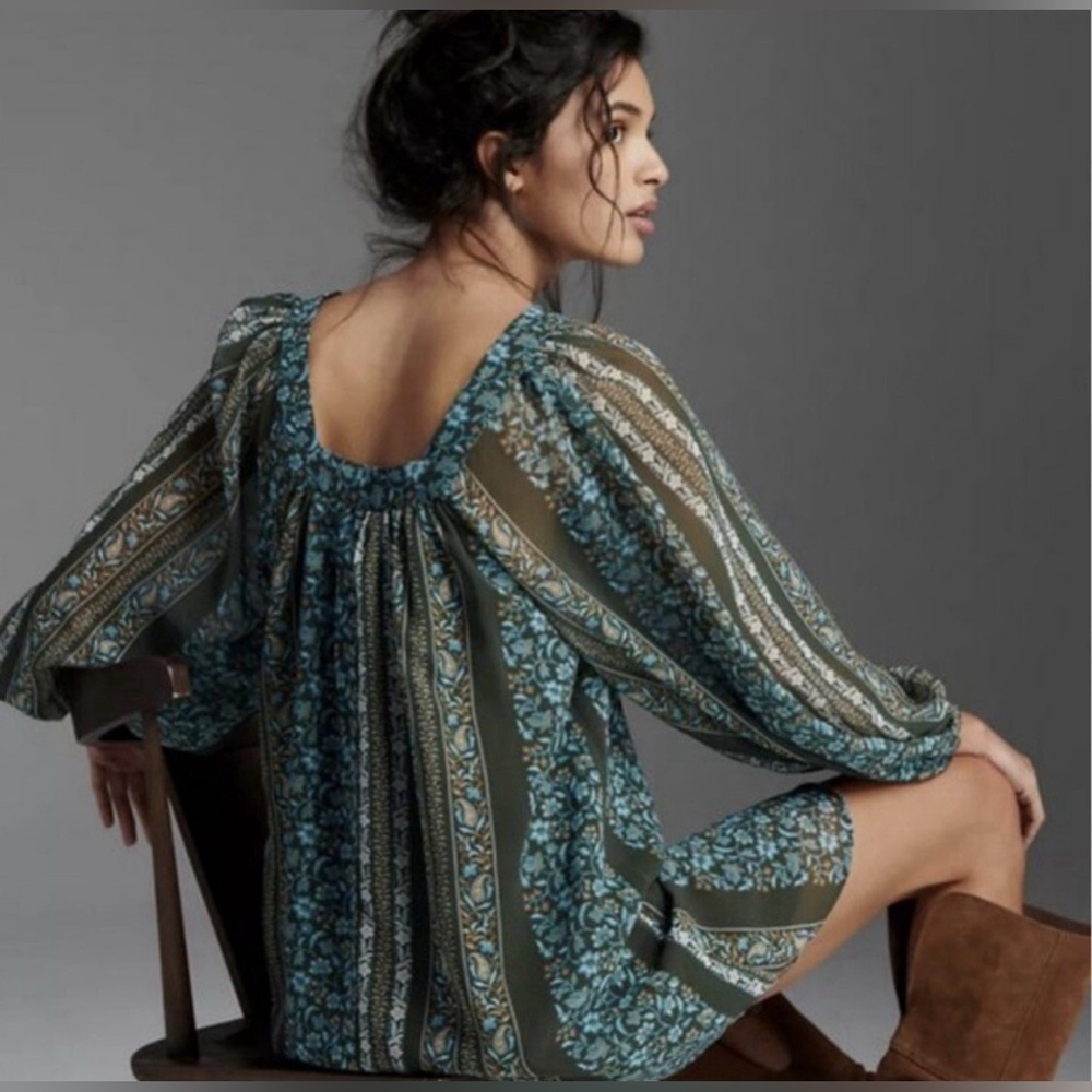 Anthropologie Women’s Blue Green Floral Sona Tunic Mini Dress Size Small - Picture 4 of 12
